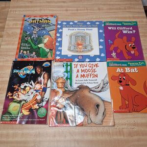 6 Kids Children's Book Lot Clifford Batman Pooh Moose Muffin Scholastic Felicia